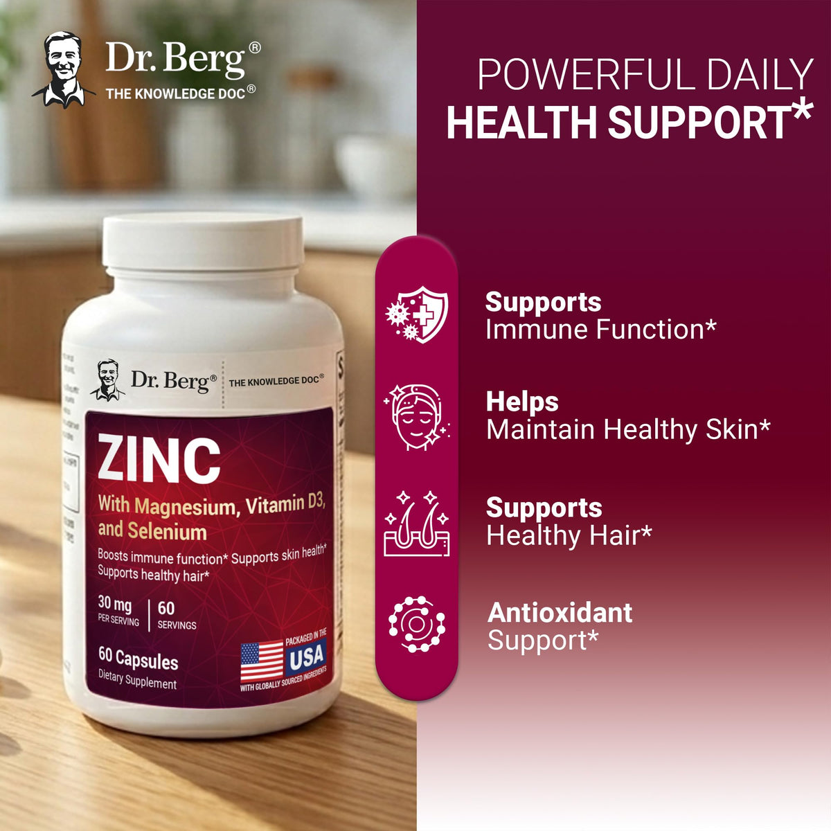 Zinc 30 mg 60 Capsules Chelated with Vitamin D & Selenium U3979
