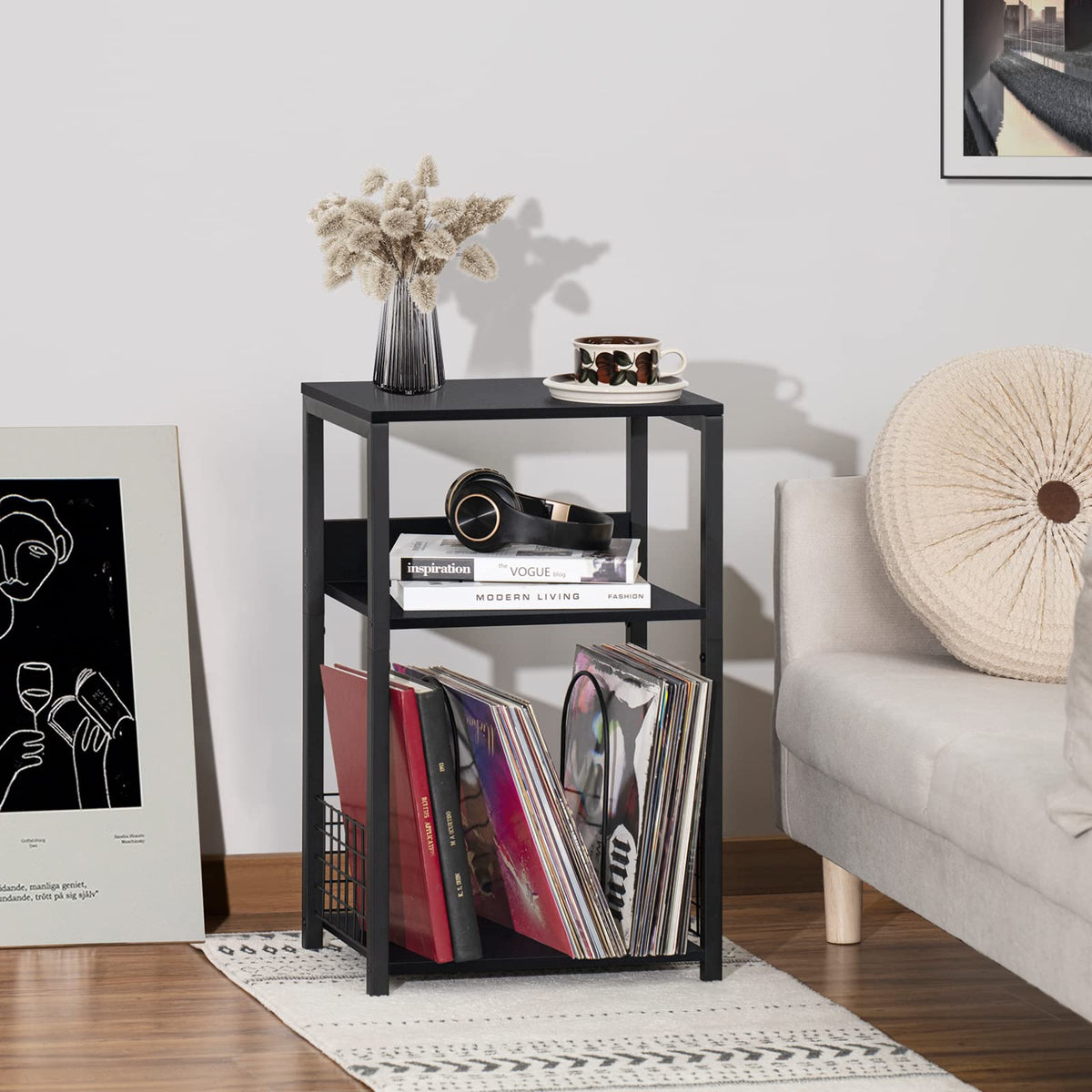Black 3 Tier End Table with Storage Shelf V584