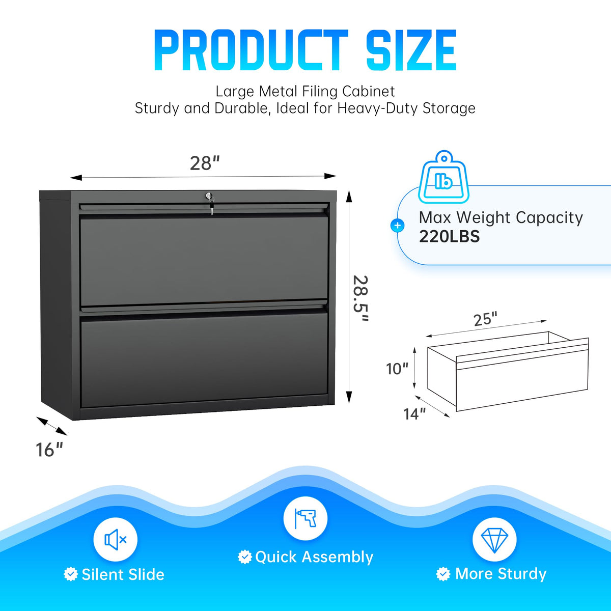 Black 2 Drawer Metal File Cabinet with Lock F107