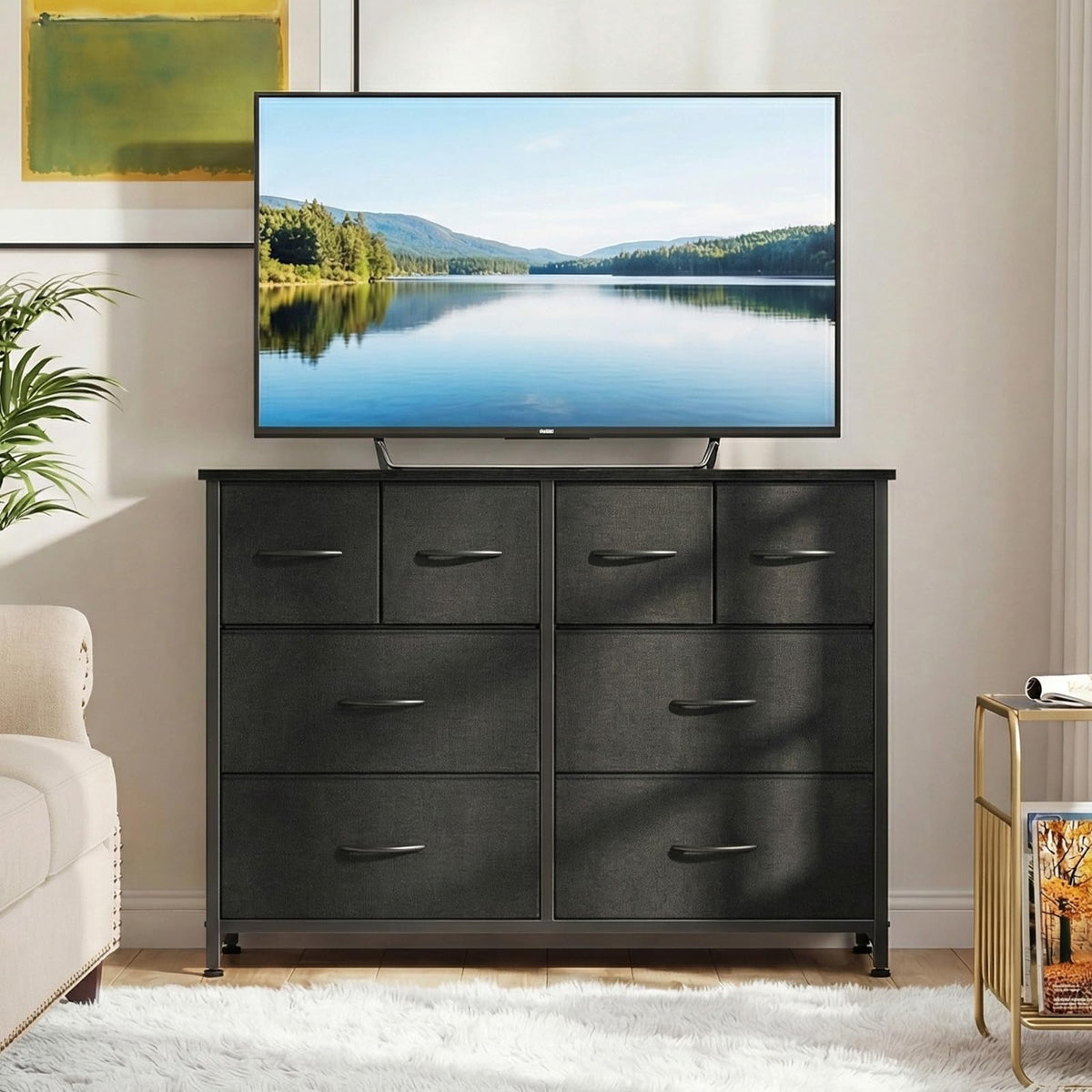 Black 8 Fabric Drawer Dresser with Wood Top W6357