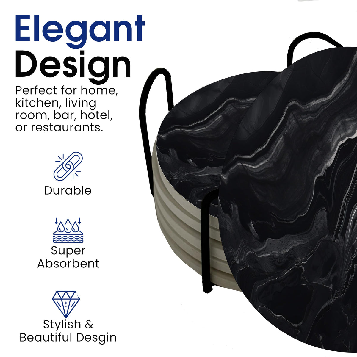 Black Marble Ceramic Coasters Set of 6 with Metal Stand D2763