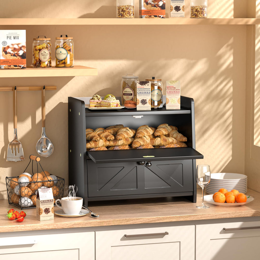 Black Double Layer Wooden Bread Box Y461863