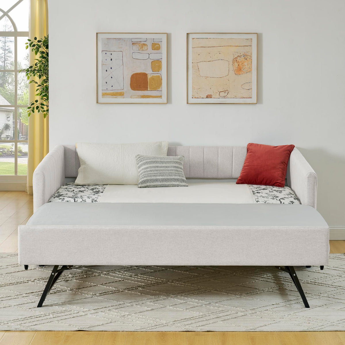 Twin Size Upholstered Linen Daybed with Trundle V209