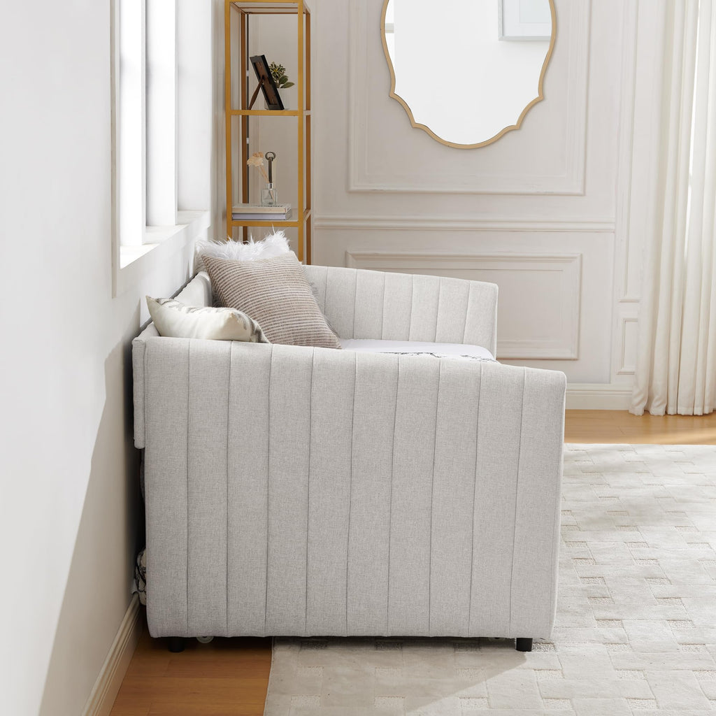 Twin Size Upholstered Linen Daybed with Trundle V209