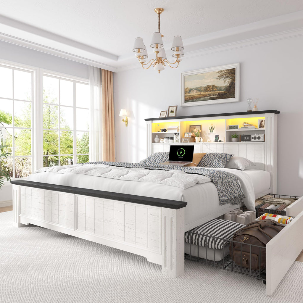 White Full Size Bed Frame with Headboard and Storage M369030