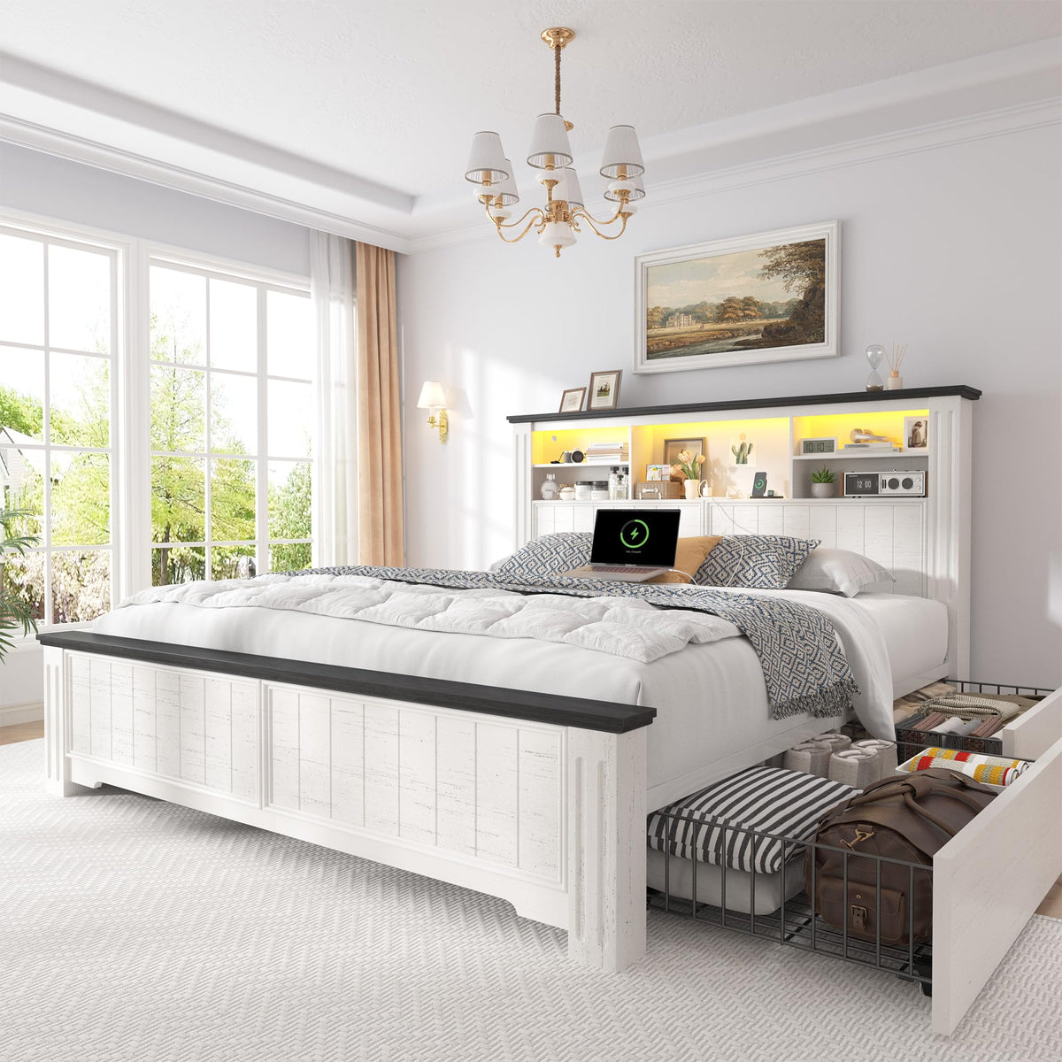 White Full Size Bed Frame with Headboard and Storage M369030
