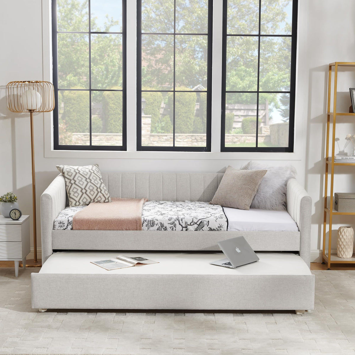 Twin Size Upholstered Linen Daybed with Trundle V209