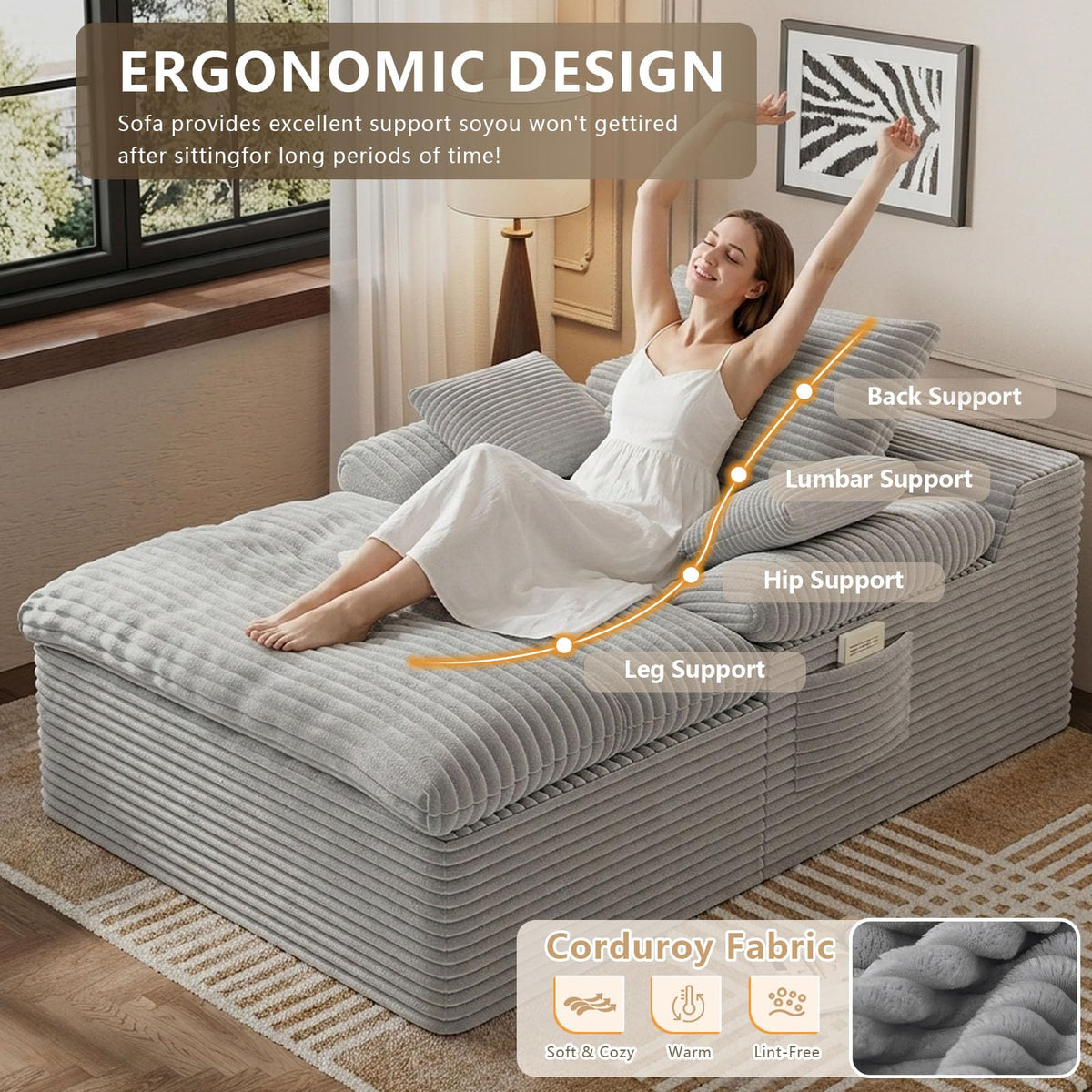 67" Oversized Corduroy Chaise Lounge B880