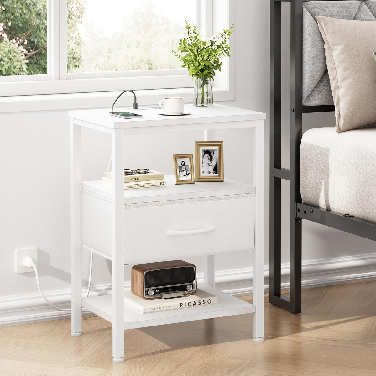 Nightstand with Charging Station, Fabric Drawers G242