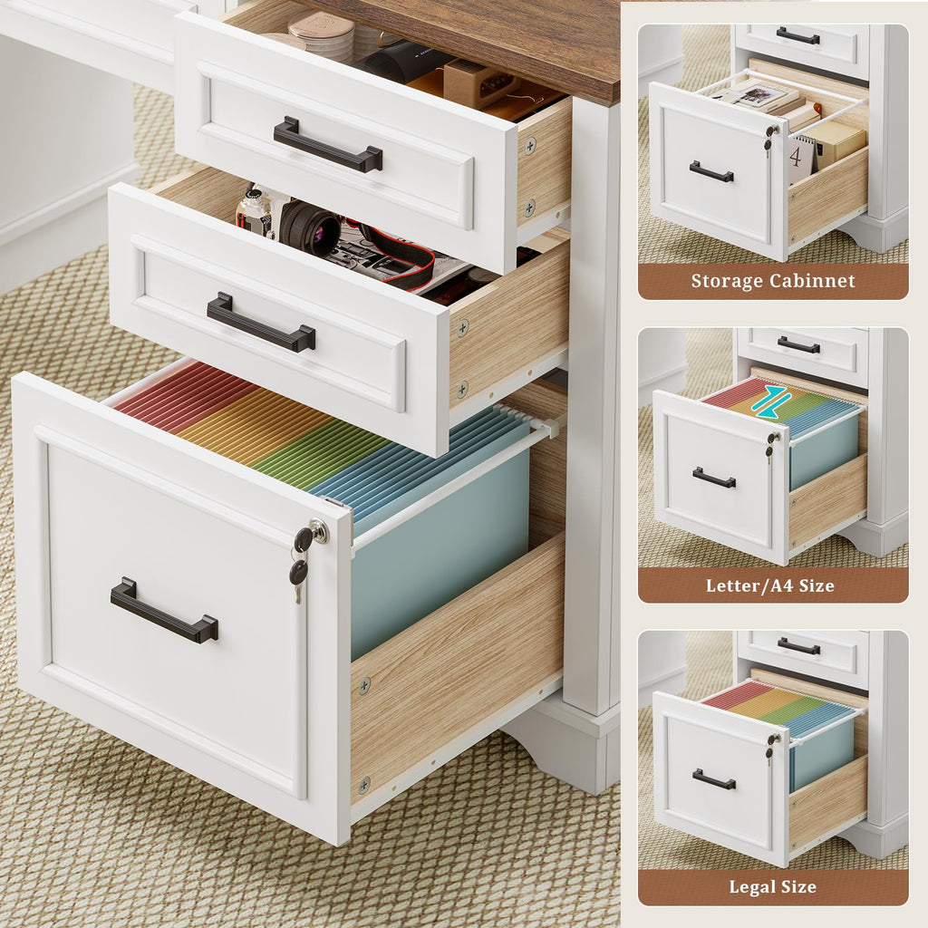 White Wood Executive Desk with Drawers and Storage Cabinet Q98628