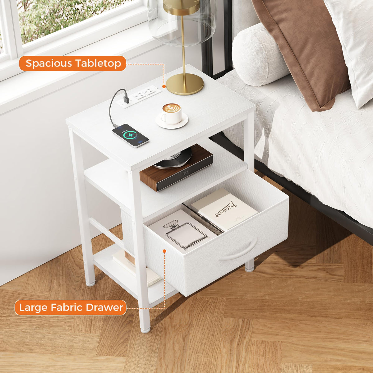 Nightstand with Charging Station, Fabric Drawers G242