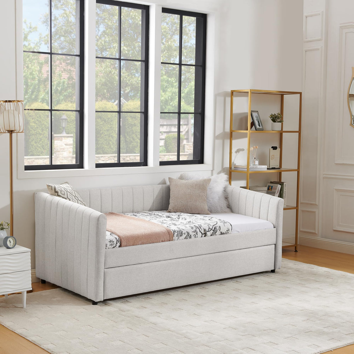 Twin Size Upholstered Linen Daybed with Trundle V209