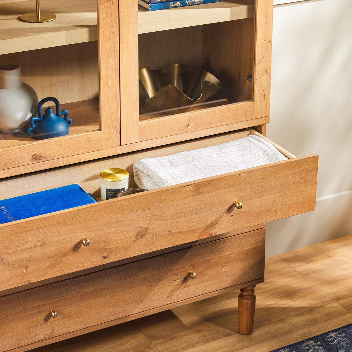 74 Inch English Oak Bookshelf Cabinet with Glass Doors M31177