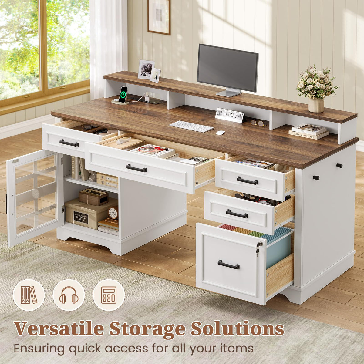 White Wood Executive Desk with Drawers and Storage Cabinet Q98628