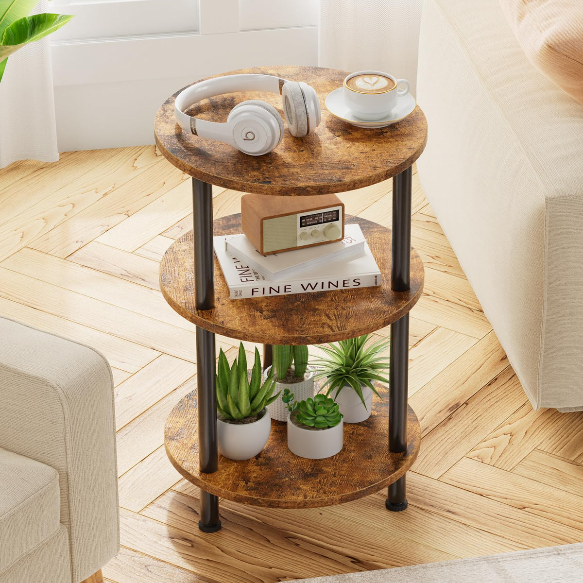 Rustic Brown 3 Tiers Round Side Table P14867