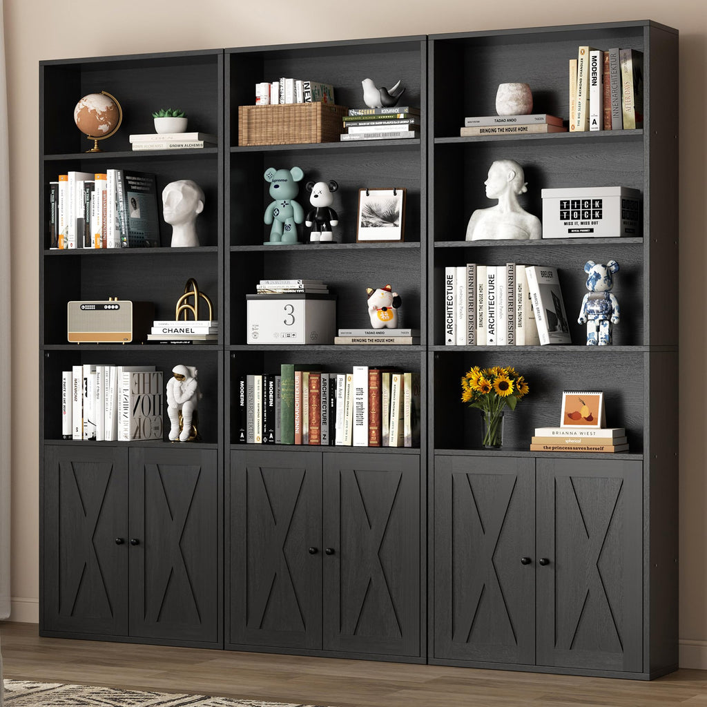 Black 6 Shelf Bookshelf with Doors H114
