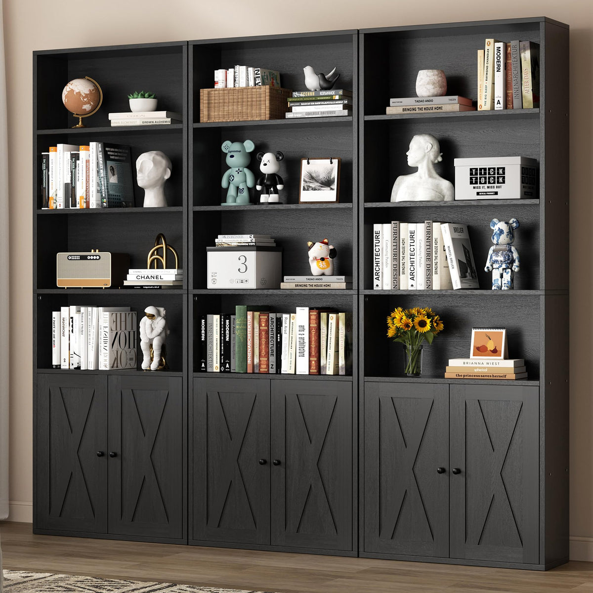 Black 6 Shelf Bookshelf with Doors H114