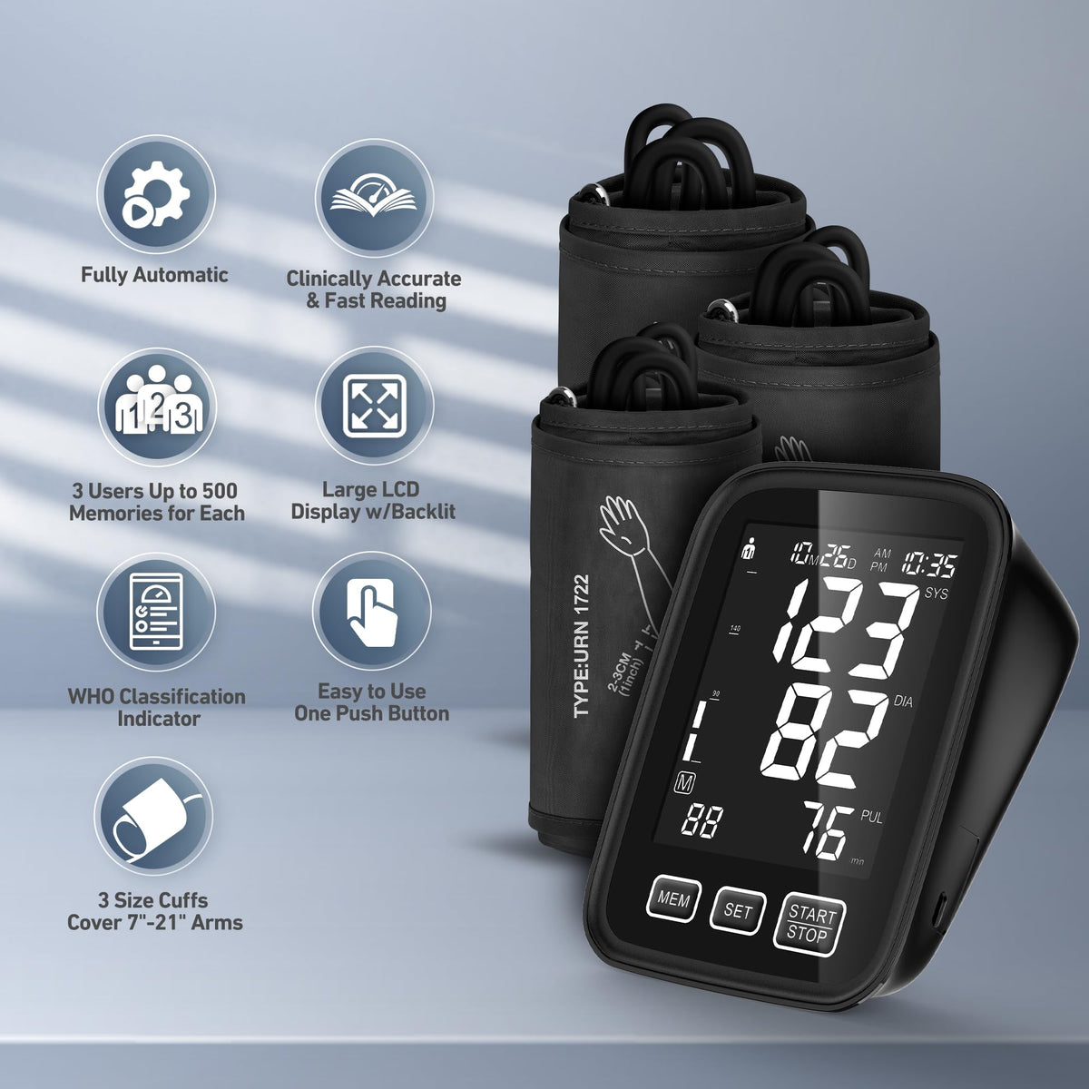 Blood Pressure Machine with 3 Size Cuffs and Backlit Display Y67818
