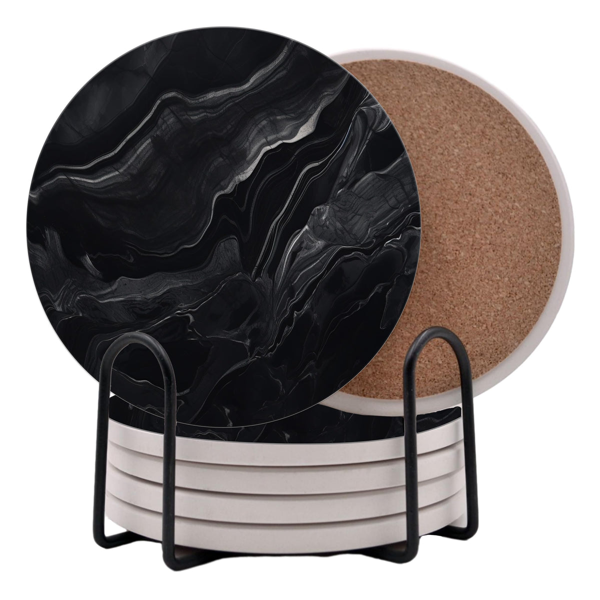 Black Marble Ceramic Coasters Set of 6 with Metal Stand D2763