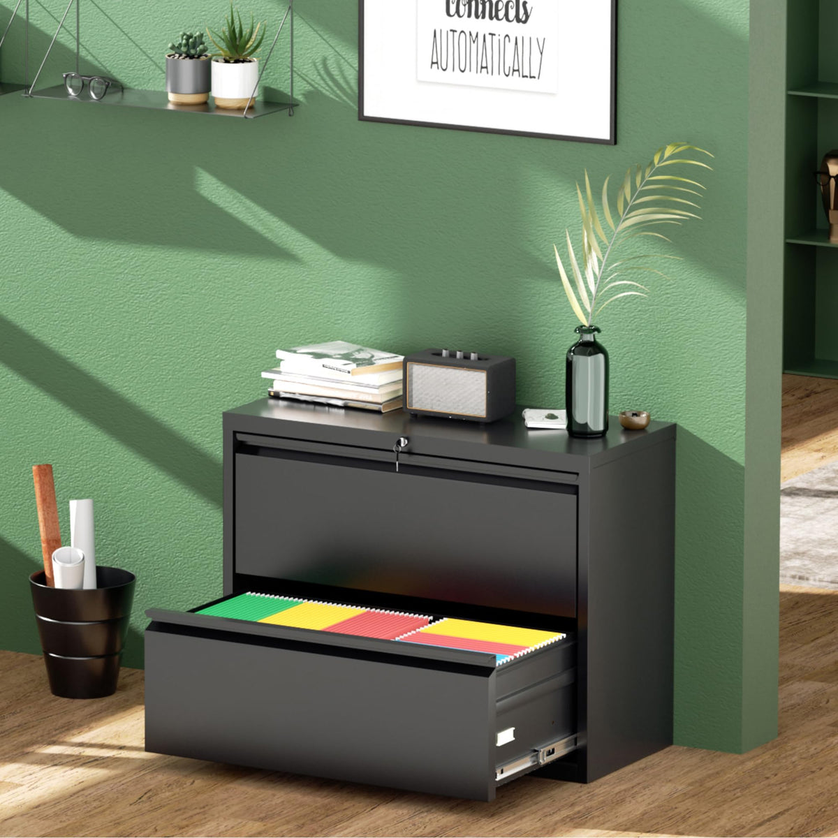 Black 2 Drawer Metal File Cabinet with Lock F107