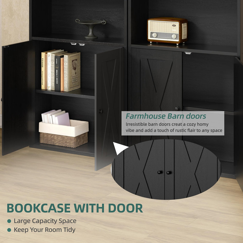Black 6 Shelf Bookshelf with Doors H114