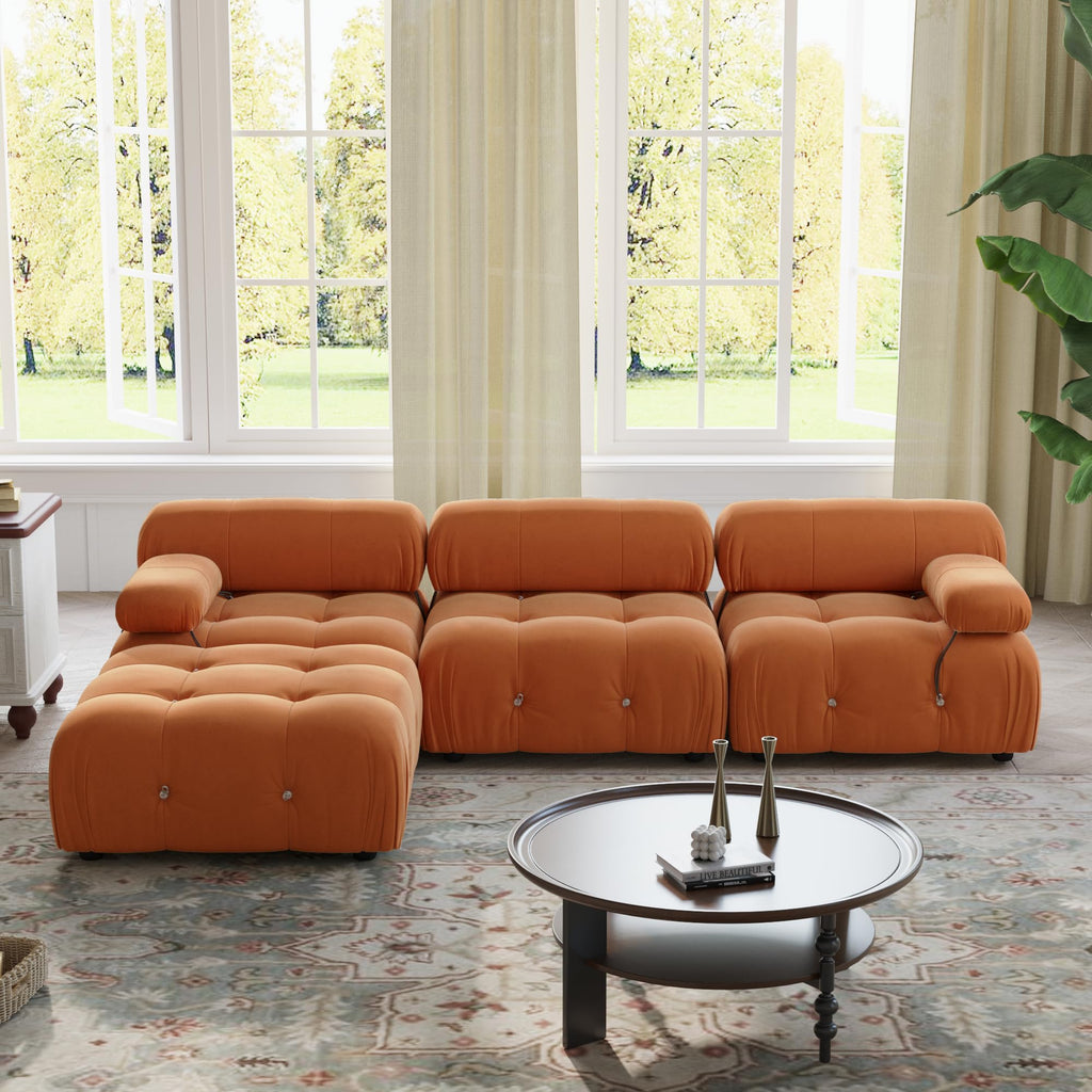 Orange Velvet L Shaped Sectional Sofa with Ottoman F975