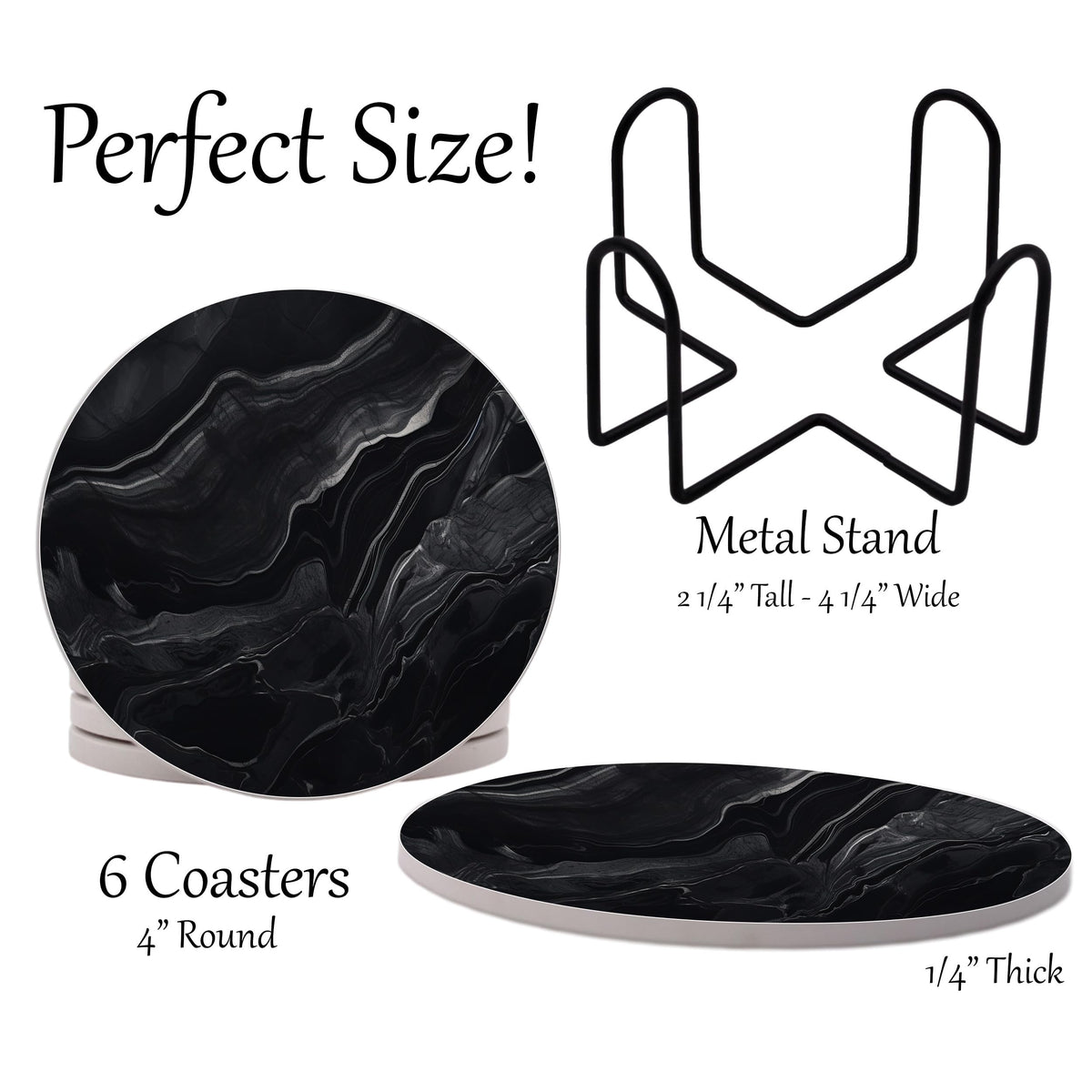Black Marble Ceramic Coasters Set of 6 with Metal Stand D2763