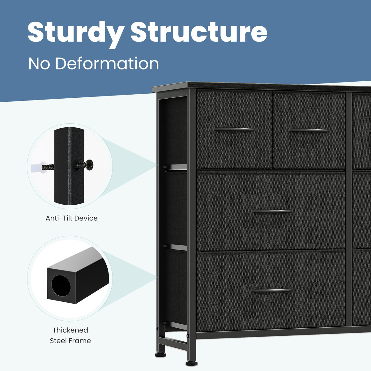 Black 8 Fabric Drawer Dresser with Wood Top W6357