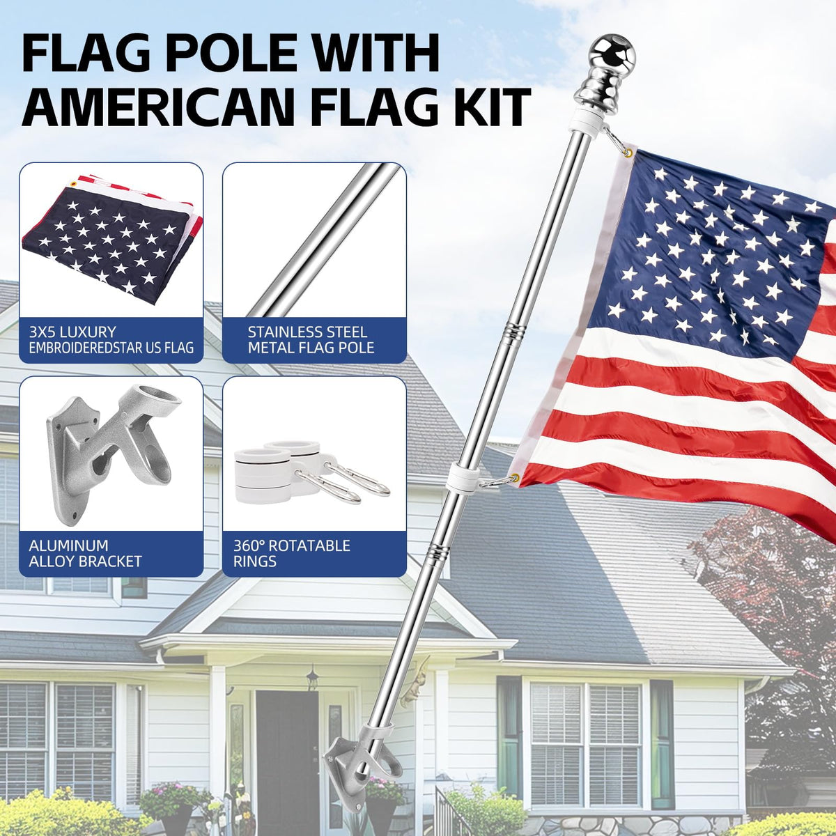 5 FT Flag Pole Kit with 3x5ft American Flag Stainless Steel K65199