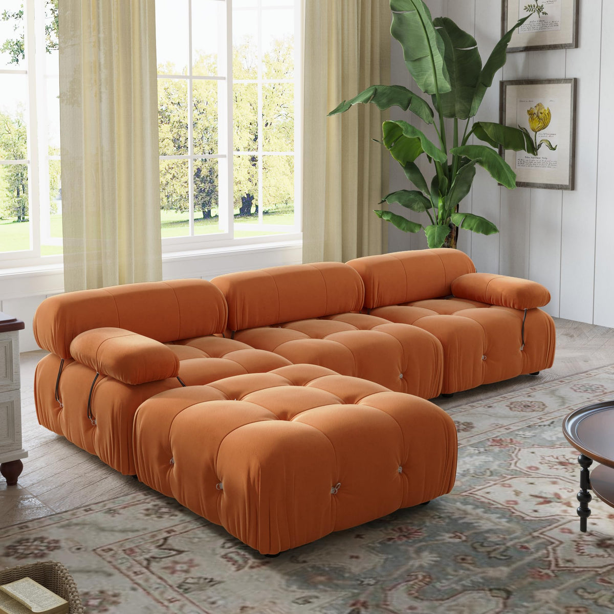 Orange Velvet L Shaped Sectional Sofa with Ottoman F975
