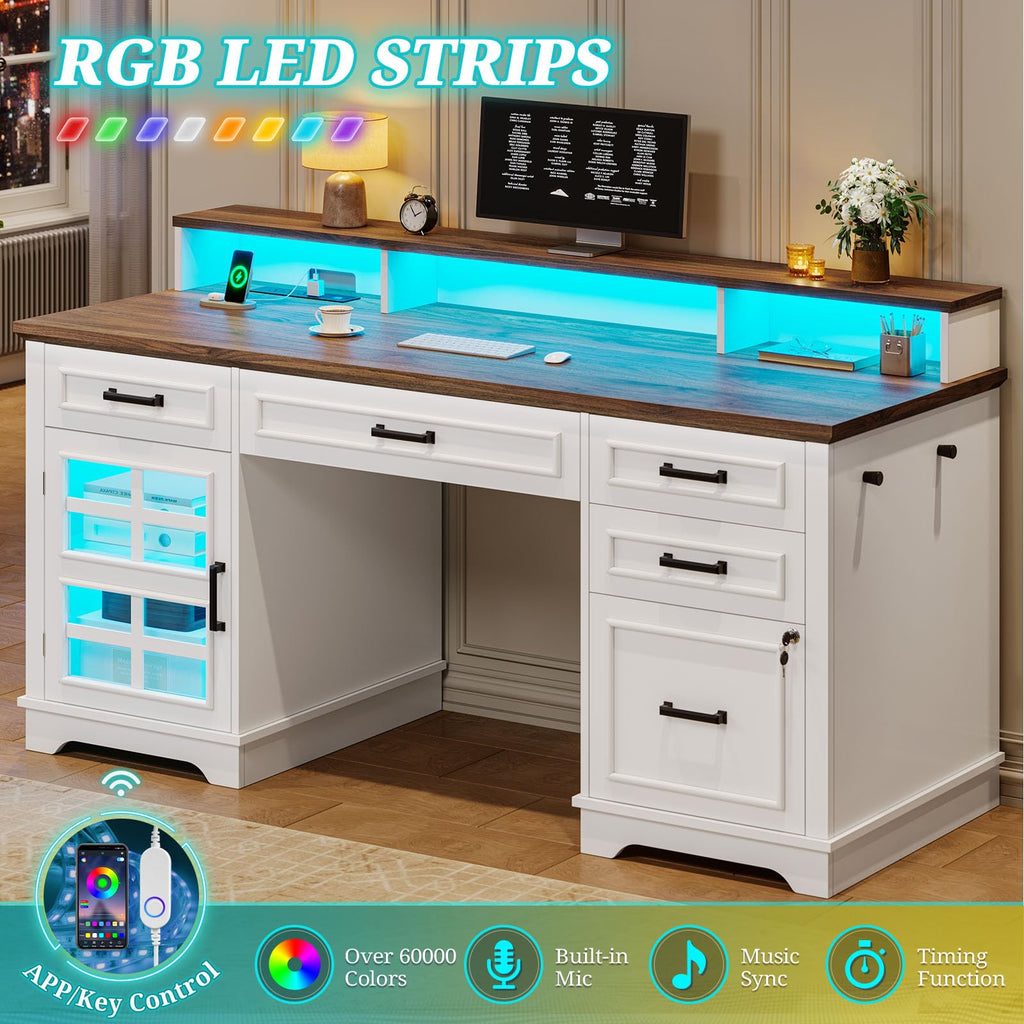 White Wood Executive Desk with Drawers and Storage Cabinet Q98628