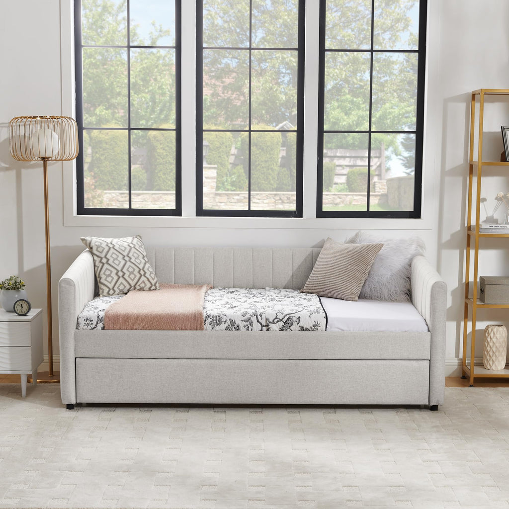 Twin Size Upholstered Linen Daybed with Trundle V209