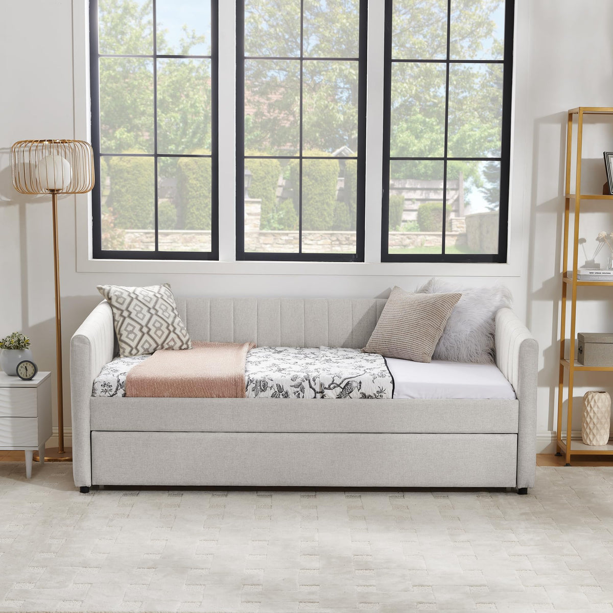 Twin Size Upholstered Linen Daybed with Trundle V209