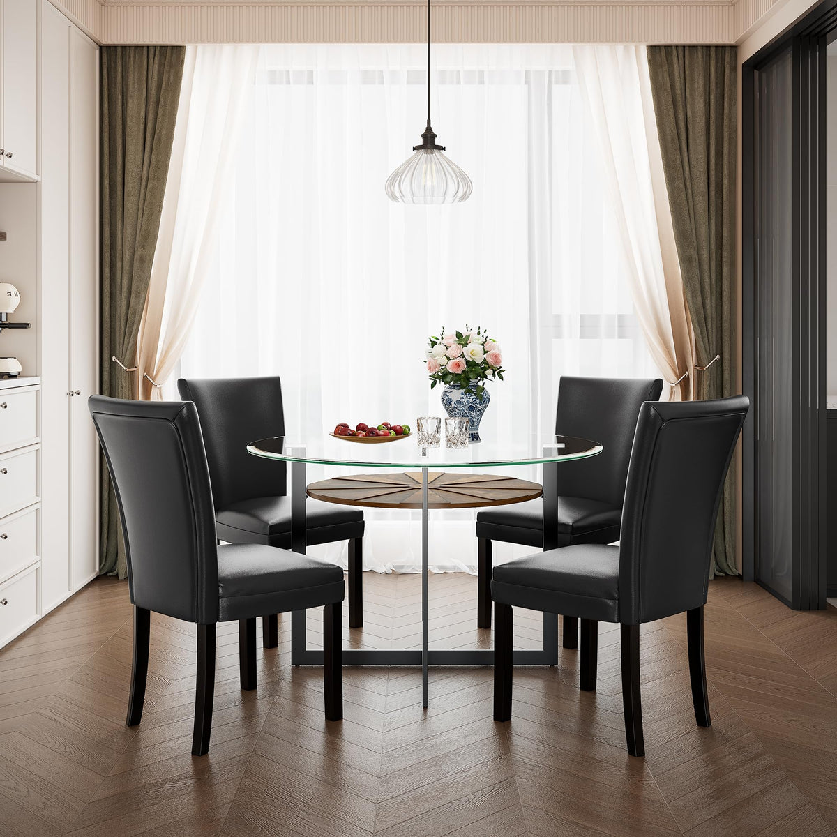 45 inch Round Glass Dining Table Set for 4 with Chairs I41644