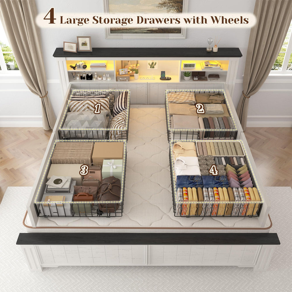 White Full Size Bed Frame with Headboard and Storage M369030
