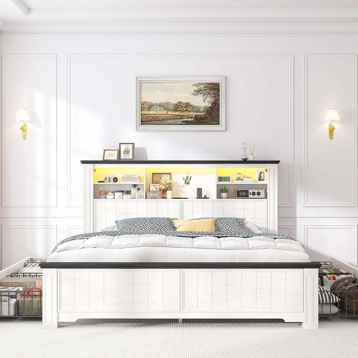White Full Size Bed Frame with Headboard and Storage M369030
