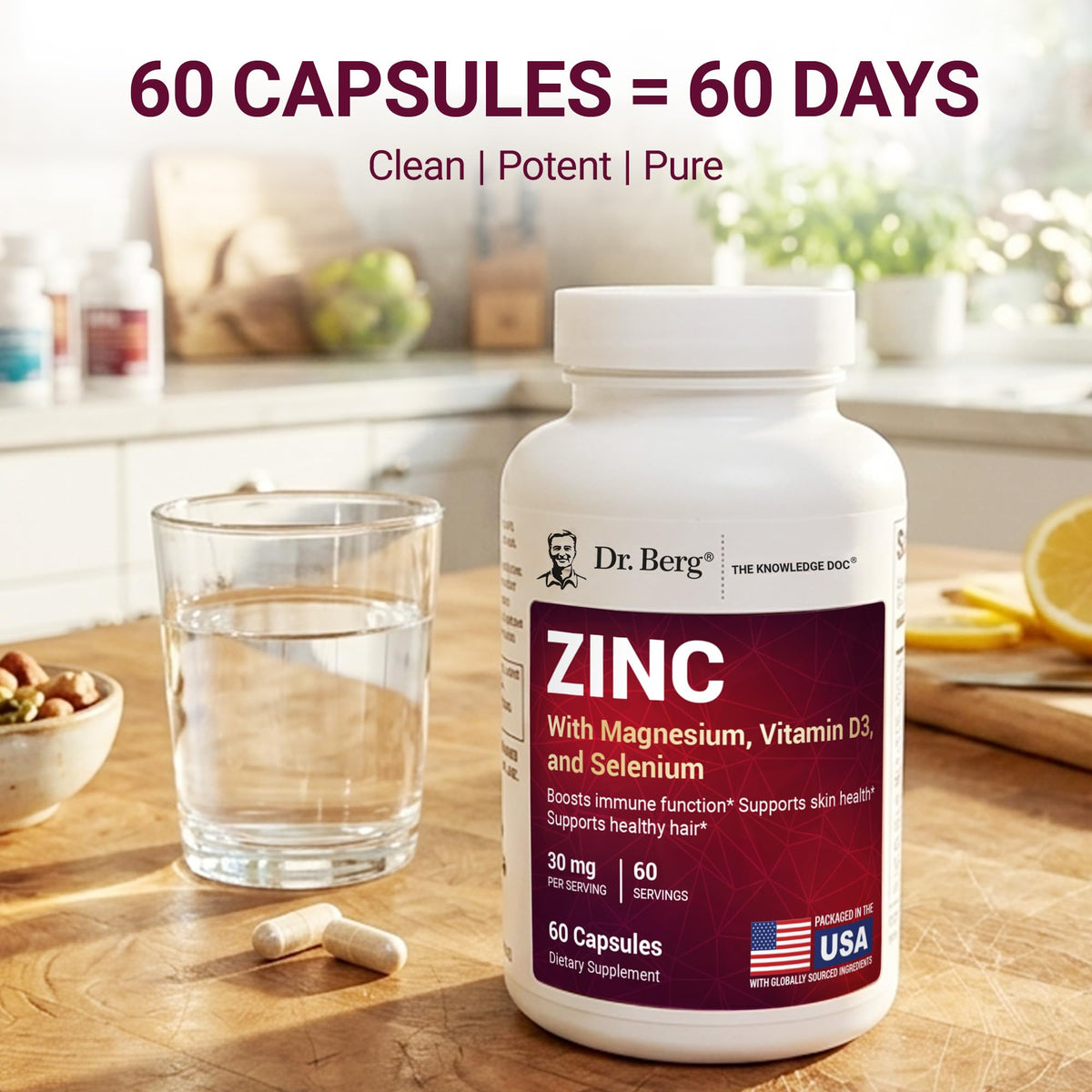 Zinc 30 mg 60 Capsules Chelated with Vitamin D & Selenium U3979