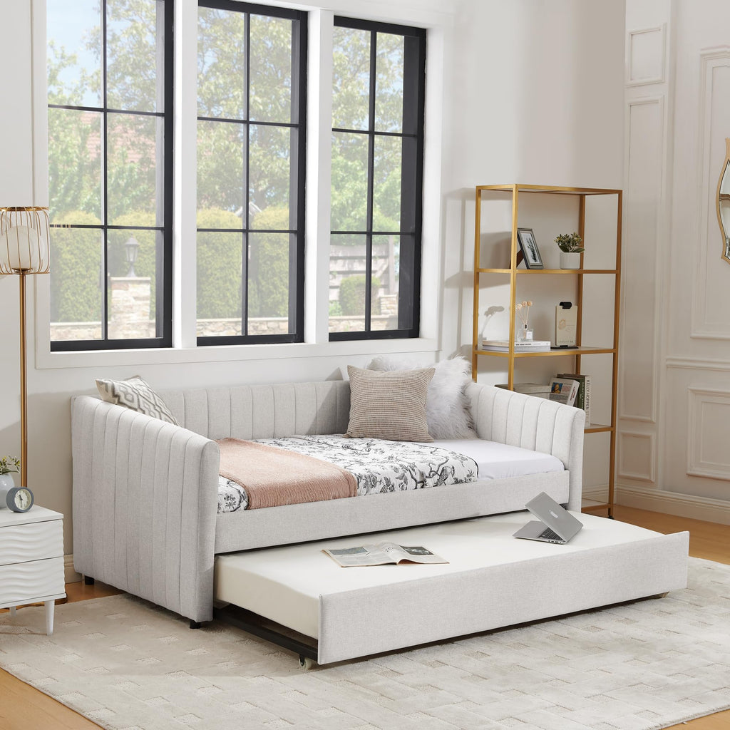 Twin Size Upholstered Linen Daybed with Trundle V209