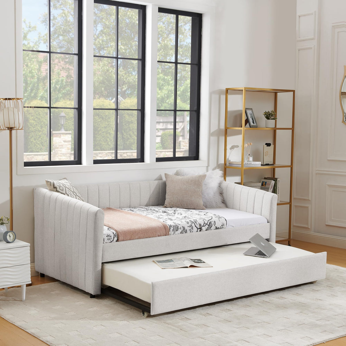 Twin Size Upholstered Linen Daybed with Trundle V209