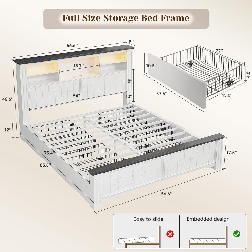 White Full Size Bed Frame with Headboard and Storage M369030