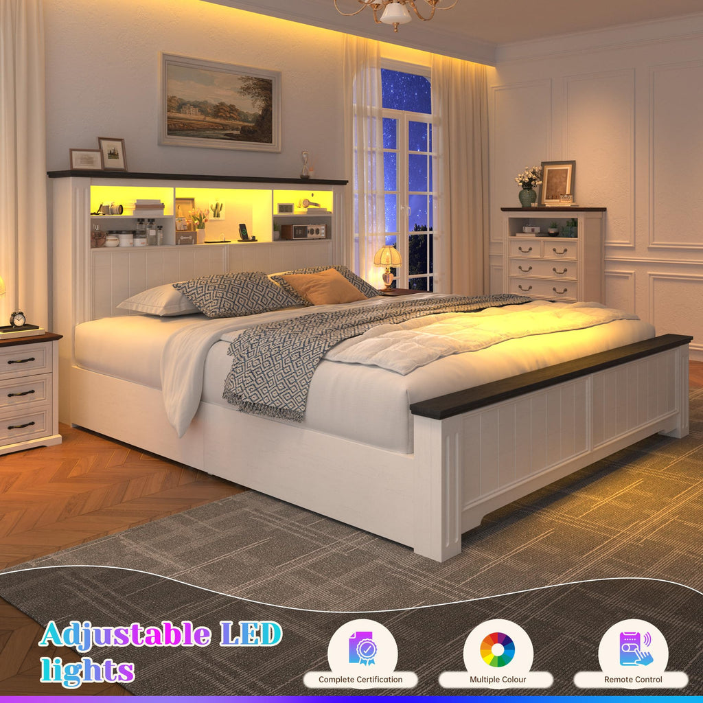 White Full Size Bed Frame with Headboard and Storage M369030