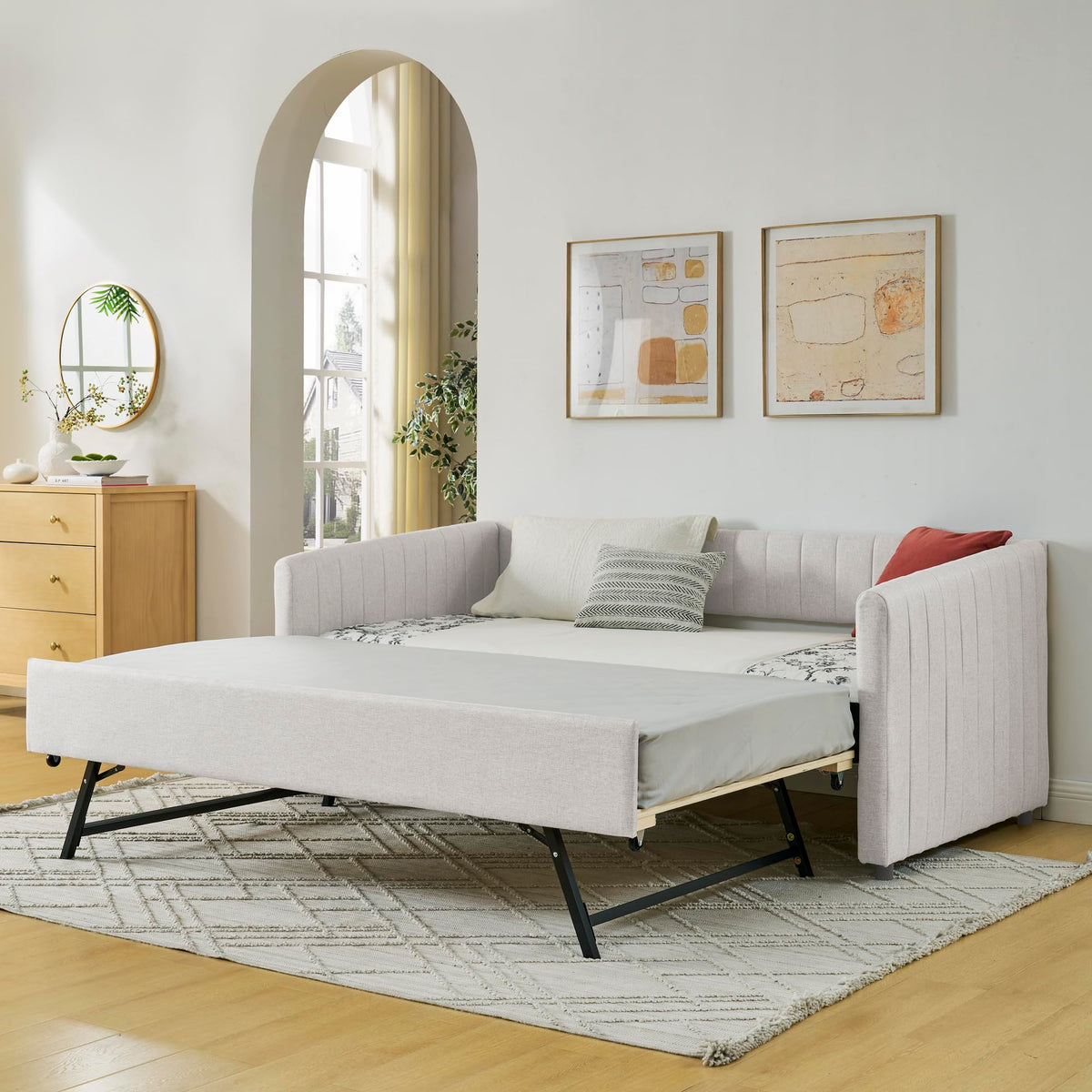 Twin Size Upholstered Linen Daybed with Trundle V209