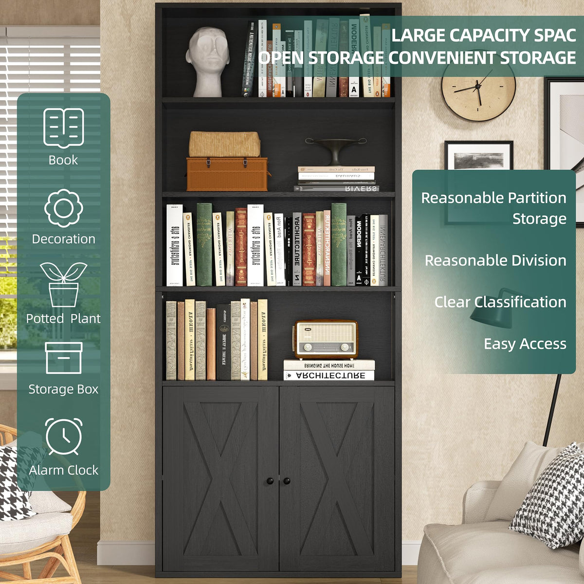 Black 6 Shelf Bookshelf with Doors H114