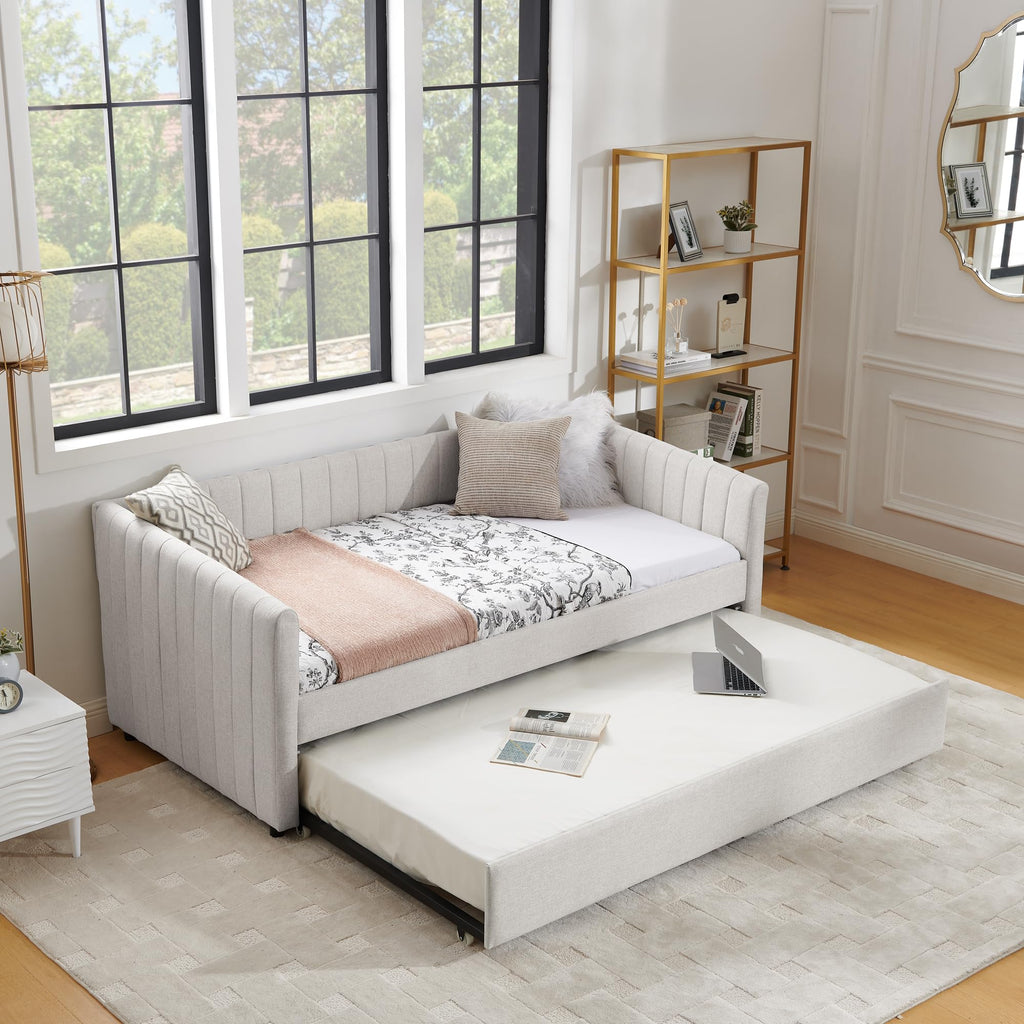 Twin Size Upholstered Linen Daybed with Trundle V209