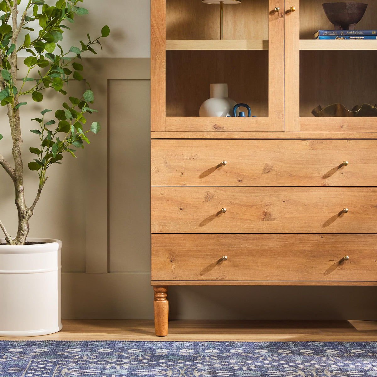 74 Inch English Oak Bookshelf Cabinet with Glass Doors M31177