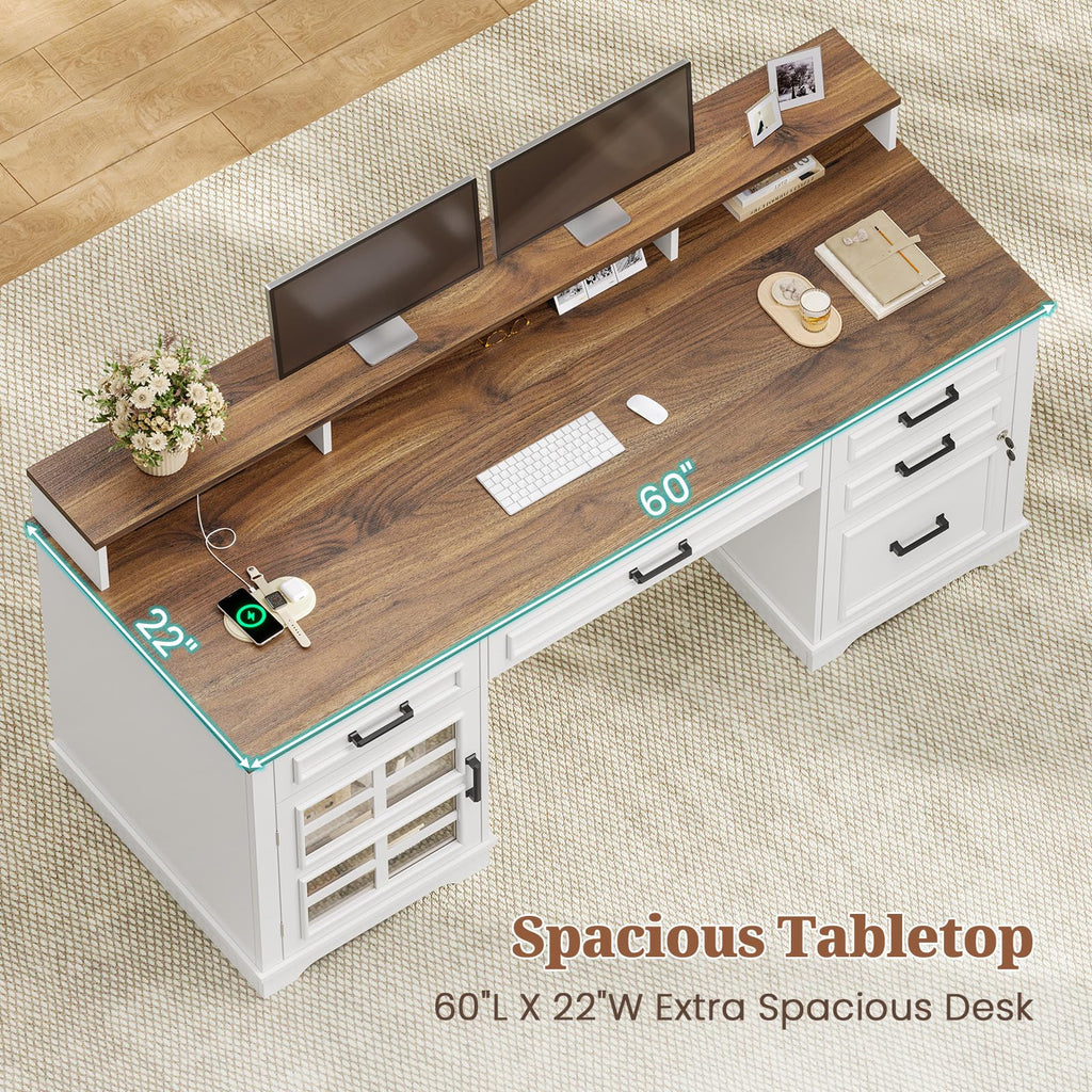 White Wood Executive Desk with Drawers and Storage Cabinet Q98628